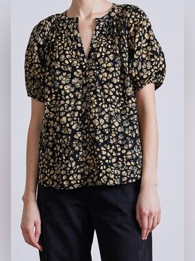 Apiece Apart Calder Puff Sleeve Top in Batik Floral Black Blouse Size 4 NEW
